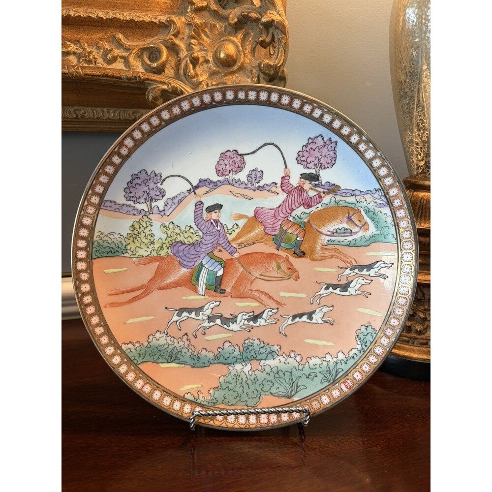 Vintage Chinese Porcelain Plate Equestrian Fox Hunt Scene Hand Painted 10"